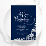 Einfache Elegant 40. Geburtstag Navy Silver Rose Einladung<br><div class="desc">Einfache elegante 40. Geburtstagsfeier Party Einladung in Marine und Silber. Klassisches Design mit Rose,  Imitaten Silberfolie und Typografie Script Schriftart. Die trendige Einladungskarte eignet sich perfekt für eine stilvolle Damenfeier. Personalisieren Sie Ihre persönlichen Daten. Kann für jedes Alter angepasst werden. Gedruckte Zazzle-Einladungen oder Sofortdownload digitaler Druckvorlage.</div>