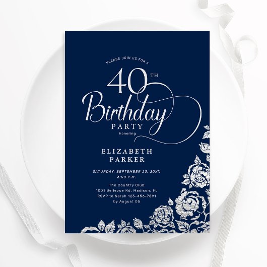 Einfache Elegant 40. Geburtstag Navy Silver Rose Einladung
