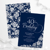 Einfache Elegant 40. Geburtstag Navy Silver Rose Einladung