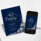 Einfache Elegant 40. Geburtstag Navy Silver Rose Einladung