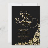Einfache Elegant 50. Geburtstag Black Gold Rose Einladung (Vorderseite)