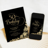 Einfache Elegant 50. Geburtstag Black Gold Rose Einladung