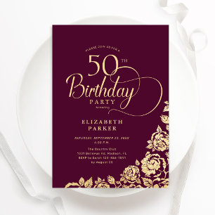 Einfache Elegant 50. Geburtstag Burgundy Gold Einladung