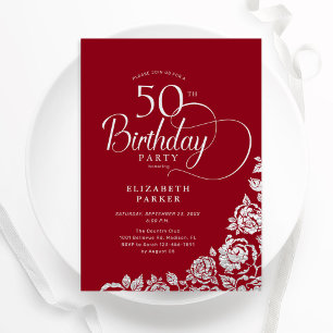 Einfache Elegant 50. Geburtstag Rot Silver Rose Einladung
