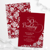 Einfache Elegant 50. Geburtstag Rot Silver Rose Einladung