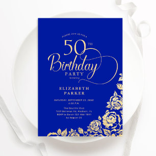 Einfache Elegant 50. Geburtstag Royal Blue Gold Ro Einladung
