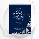 Einfache Elegant 60. Geburtstag Navy Silver Rose Einladung<br><div class="desc">Einfache elegante 60. Geburtstagsfeier in Marine und Silber. Klassisches Design mit Rose,  Imitaten Silberfolie und Typografie Script Schriftart. Die trendige Einladungskarte eignet sich perfekt für eine stilvolle Damenfeier. Personalisieren Sie Ihre persönlichen Daten. Kann für jedes Alter angepasst werden. Gedruckte Zazzle-Einladungen oder Sofortdownload digitaler Druckvorlage.</div>