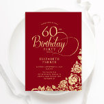 Einfache Elegant 60. Geburtstag Red Gold Rose Einladung<br><div class="desc">Einfache elegante 60. Geburtstagsfeier in Rot und Gold. Klassisches Design mit Rose,  Imitaten Goldfolie und Typografie Script Schriftart. Die trendige Einladungskarte eignet sich perfekt für eine stilvolle Damenfeier. Personalisieren Sie Ihre persönlichen Daten. Kann für jedes Alter angepasst werden. Gedruckte Zazzle-Einladungen oder Sofortdownload digitaler Druckvorlage.</div>