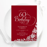 Einfache Elegant 60. Geburtstag Red Silver Rose Einladung<br><div class="desc">Einfache elegante 60. Geburtstagsfeier in Rot und Silber. Klassisches Design mit Rose,  Imitaten Silberfolie und Typografie Script Schriftart. Die trendige Einladungskarte eignet sich perfekt für eine stilvolle Damenfeier. Personalisieren Sie Ihre persönlichen Daten. Kann für jedes Alter angepasst werden. Gedruckte Zazzle-Einladungen oder Sofortdownload digitaler Druckvorlage.</div>
