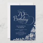 Einfache Elegant 70. Geburtstag Navy Silver Rose Einladung (Vorderseite)