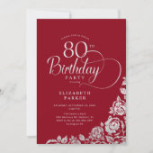 Einfache Elegant 80. Geburtstag Rot Silver Rose Einladung (Vorderseite)