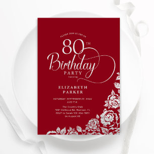 Einfache Elegant 80. Geburtstag Rot Silver Rose Einladung