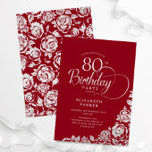 Einfache Elegant 80. Geburtstag Rot Silver Rose Einladung