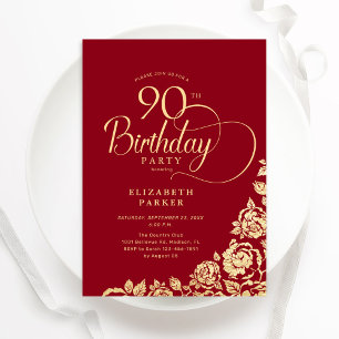 Einfache Elegant 90. Geburtstag Red Gold Rose Einladung