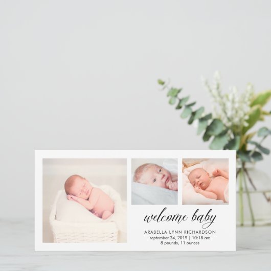Einfache Elegant Baby Birth Ankündigung | 3 FOTOS (Stehend Vorderseite)