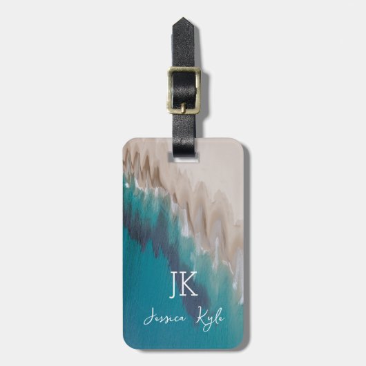 Einfache Elegant Blue Beach Typografy Monogram Nam Gepäckanhänger (Vorderseite vertikal)