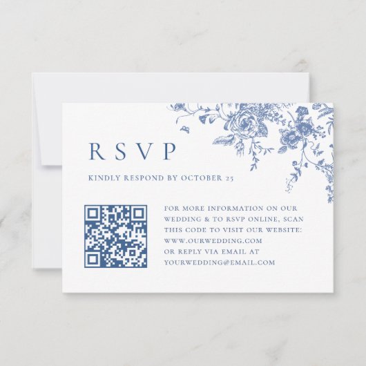 Einfache Elegant Blue French Garden Wedding QR Cod RSVP Karte (Vorderseite)