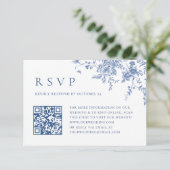 Einfache Elegant Blue French Garden Wedding QR Cod RSVP Karte (Stehend Vorderseite)