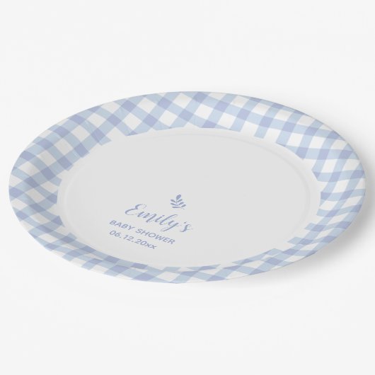 Einfache Elegant Blue Gingham Kariert Boy Baby Sho Pappteller (Schrägansicht)