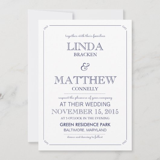 Einfache Elegant Blue White Wedding Einladung (Vorderseite)