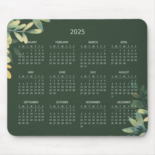 Einfache Elegant Botanischer Kalender 2025 | Mouse Mousepad (Vorne)