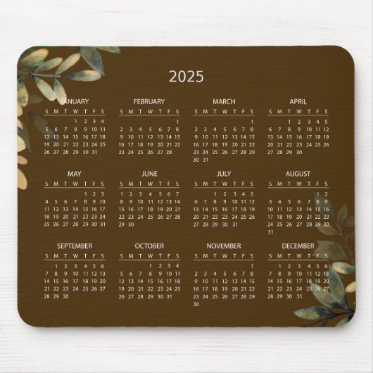 Einfache Elegant Botanischer Kalender 2025 | Mouse Mousepad (Vorne)