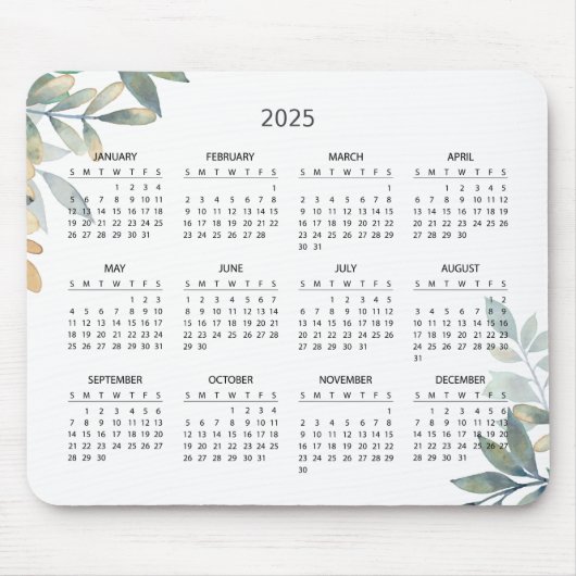 Einfache Elegant Botanischer Kalender 2025 | Mouse Mousepad (Vorne)