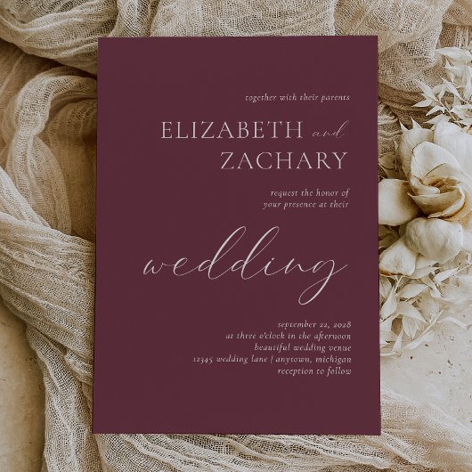 Einfache Elegant Burgundy White Script Wedding Einladung