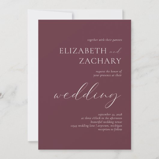 Einfache Elegant Burgundy White Script Wedding Einladung (Vorderseite)