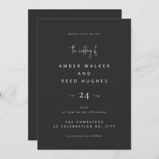 Einfache Elegant Classic Wedding Black Matte Scrip Einladung (Vorne/Hinten)