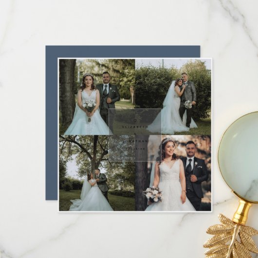 Einfache Elegant Dusty Blue 4 Foto Collage Wedding Dankeskarte (Vorderseite/Rückseite Beispiel)