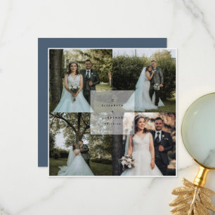 Einfache Elegant Dusty Blue 4 Foto Collage Wedding Dankeskarte