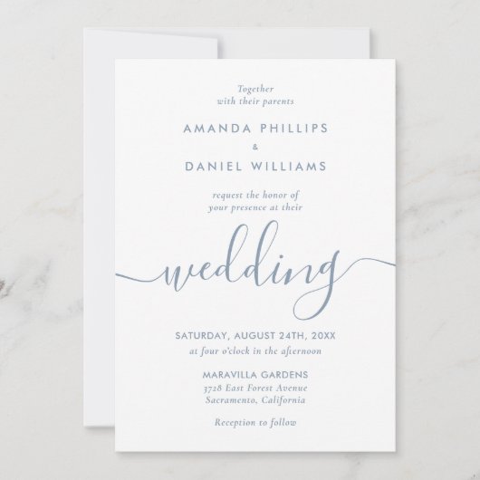 Einfache Elegant Dusty Blue Modern Script Wedding Einladung (Vorderseite)