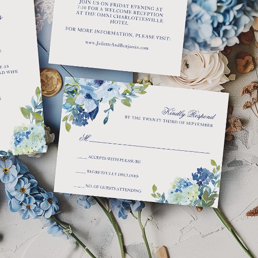 Einfache Elegant Dusty Blue Navy Floral Wedding RS RSVP Karte