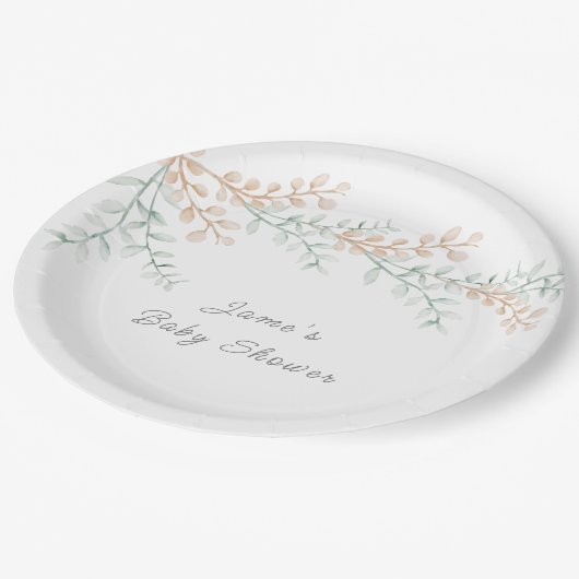 Einfache Elegant Eucalyptus Baby-Dusche Pappteller (Schrägansicht)