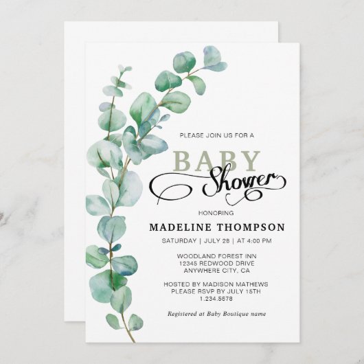 Einfache Elegant Eucalyptus Greenery Baby Shower Einladung (Vorne/Hinten)