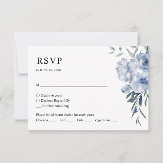 Einfache Elegant Floral Dusty Blue QR Code Hochzei RSVP Karte (Vorderseite)
