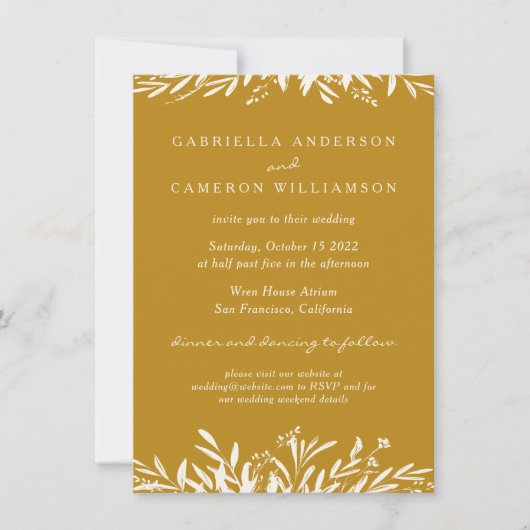 Einfache Elegant Floral Mustard Yellow Boho Hochze Einladung (Vorderseite)