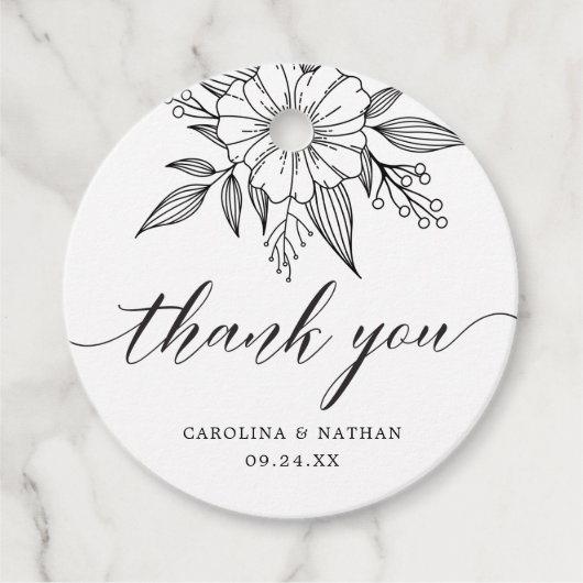 Einfache Elegant Floral Wedding Danke Black Geschenkanhänger (Vorderseite)