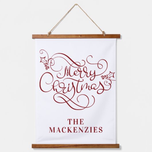 Einfache Elegant frohe Weihnachtsnamen Red White Wandteppich Mit Holzrahmen (Vorderseite)