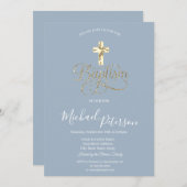 Einfache Elegant Gold Cross Taufe Dusty Blue Einladung (Vorne/Hinten)