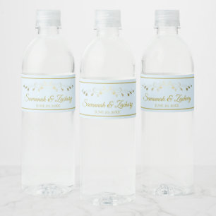 Einfache Elegant Gold Flourish Powder Blue Wedding Wasserflaschenetikett