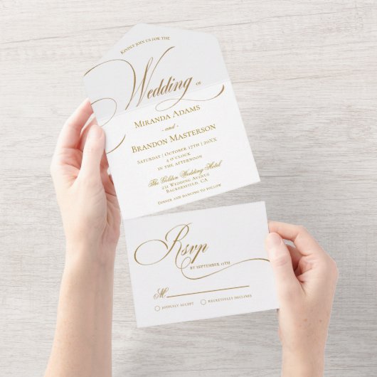 Einfache Elegant-Gold-Script-Hochzeit All In One Einladung (Abreißen)