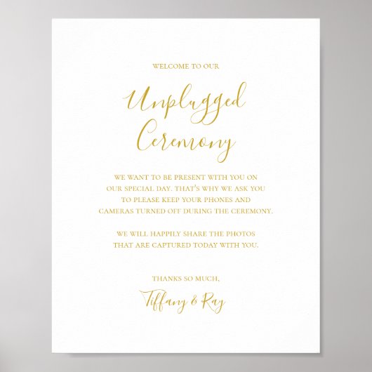 Einfache Elegant Gold Unplugged Zeremony Sign Poster (Vorne)