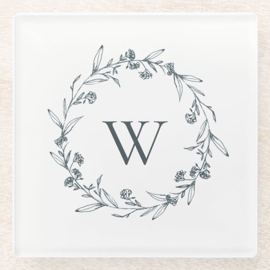 Einfache Elegant Gray Floral Laurel Wreath Monogra Glasuntersetzer (Vorderseite)
