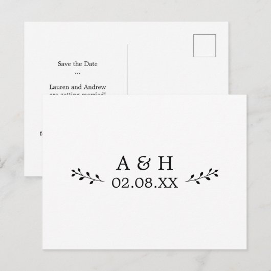 Einfache Elegant Leaf Motif Monogram Save the Date Postkarte (Vorne/Hinten)