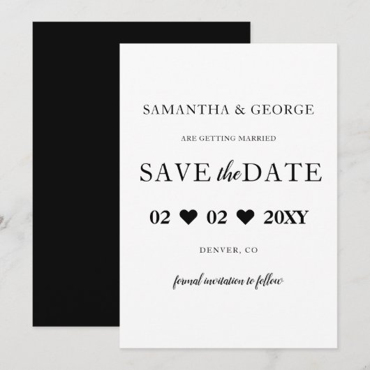 Einfache Elegant Minimal Modern Black Save the Dat Date (Vorne/Hinten)