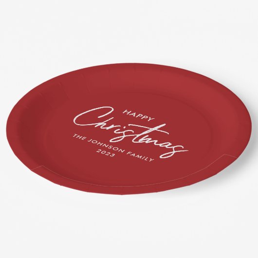 Einfache Elegant Modernes Rotes Glück Weihnachten Pappteller (Schrägansicht)