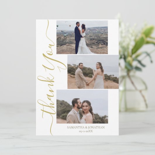 Einfache Elegant Modernes Script 6 Fotos Hochzeit  Dankeskarte (Stehend Vorderseite)