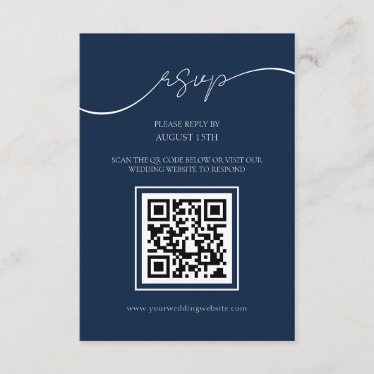 Einfache Elegant Navy Blue QR Code Hochzeit RSVP K Begleitkarte (Vorderseite)